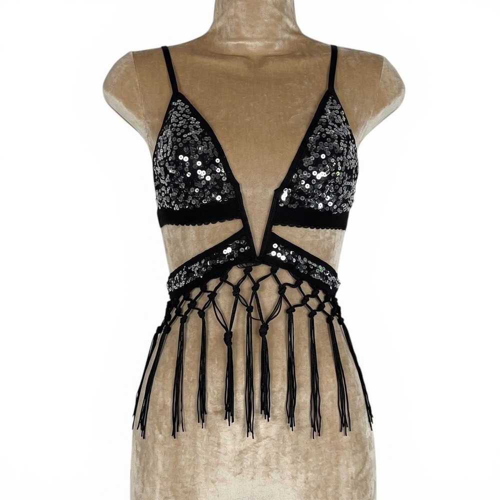 New S Black Silver Sequin Macrame Fringe Festival Bralette Rave Top Plunging